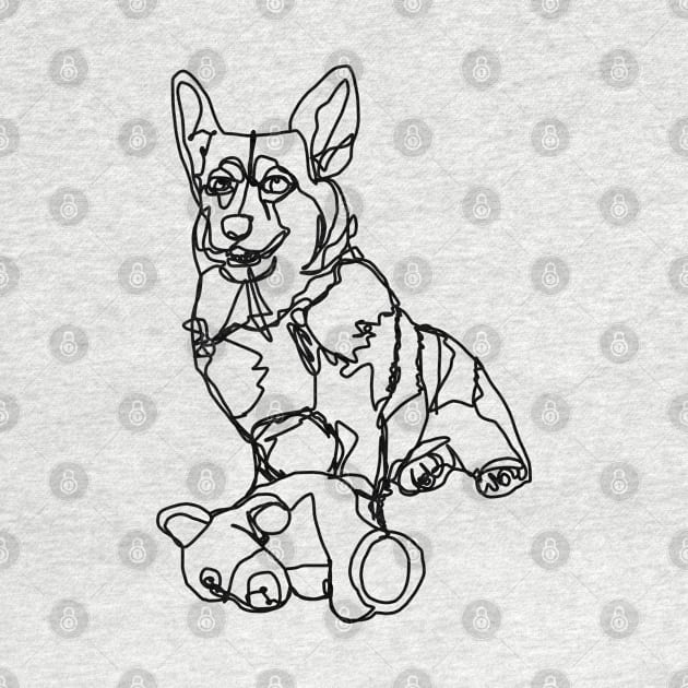 Dog Art Corgi and Toy Line Drawing by ellenhenryart